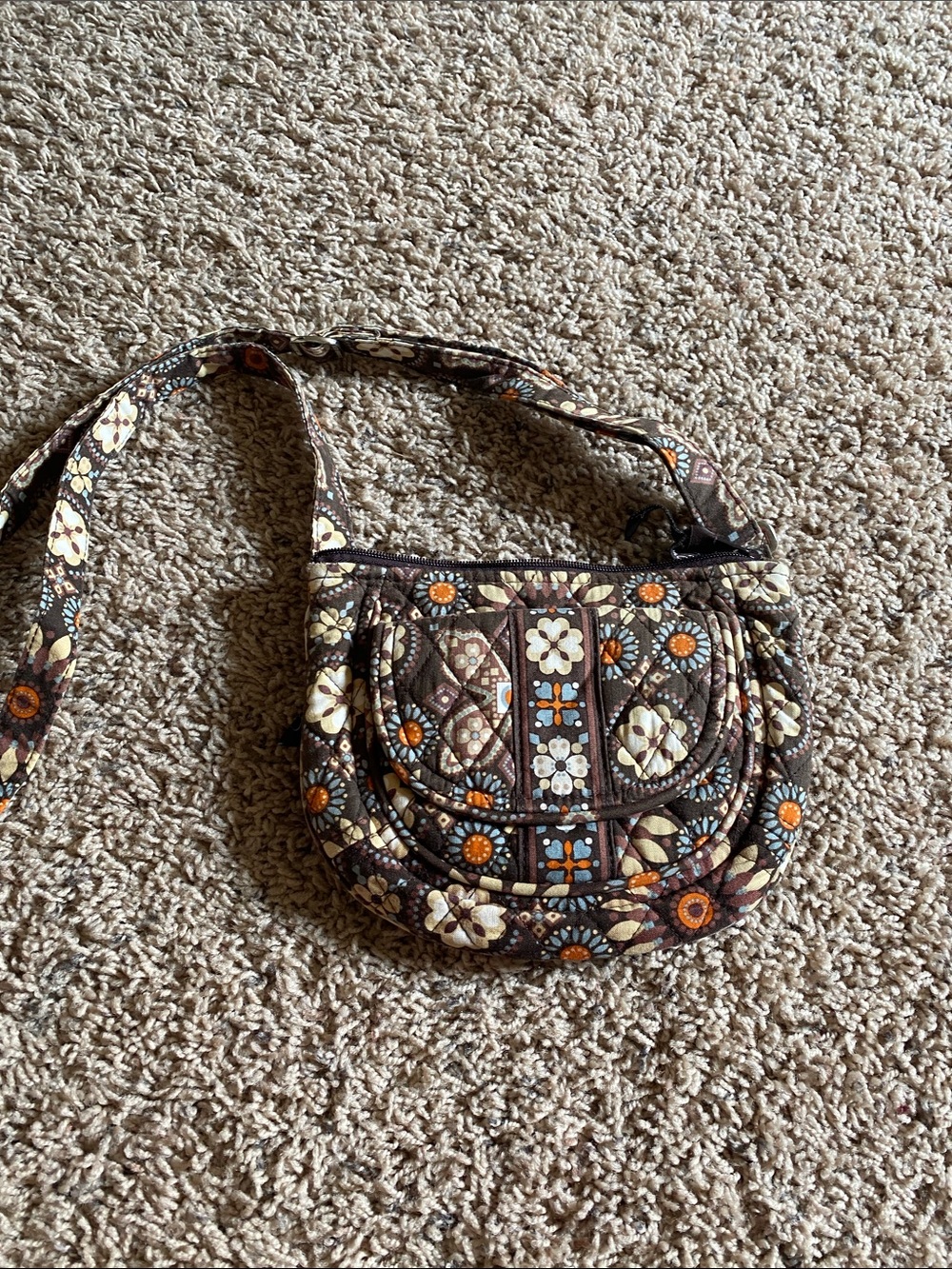 Vera Bradley Brown Quilted Floral Crossbody with Cream and Orange Accents